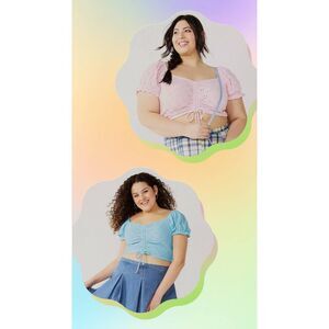 Set of 2 SO Juniors' Plus Size 1X Cinched Front Puff Sleeve Tops in Pink & Blue